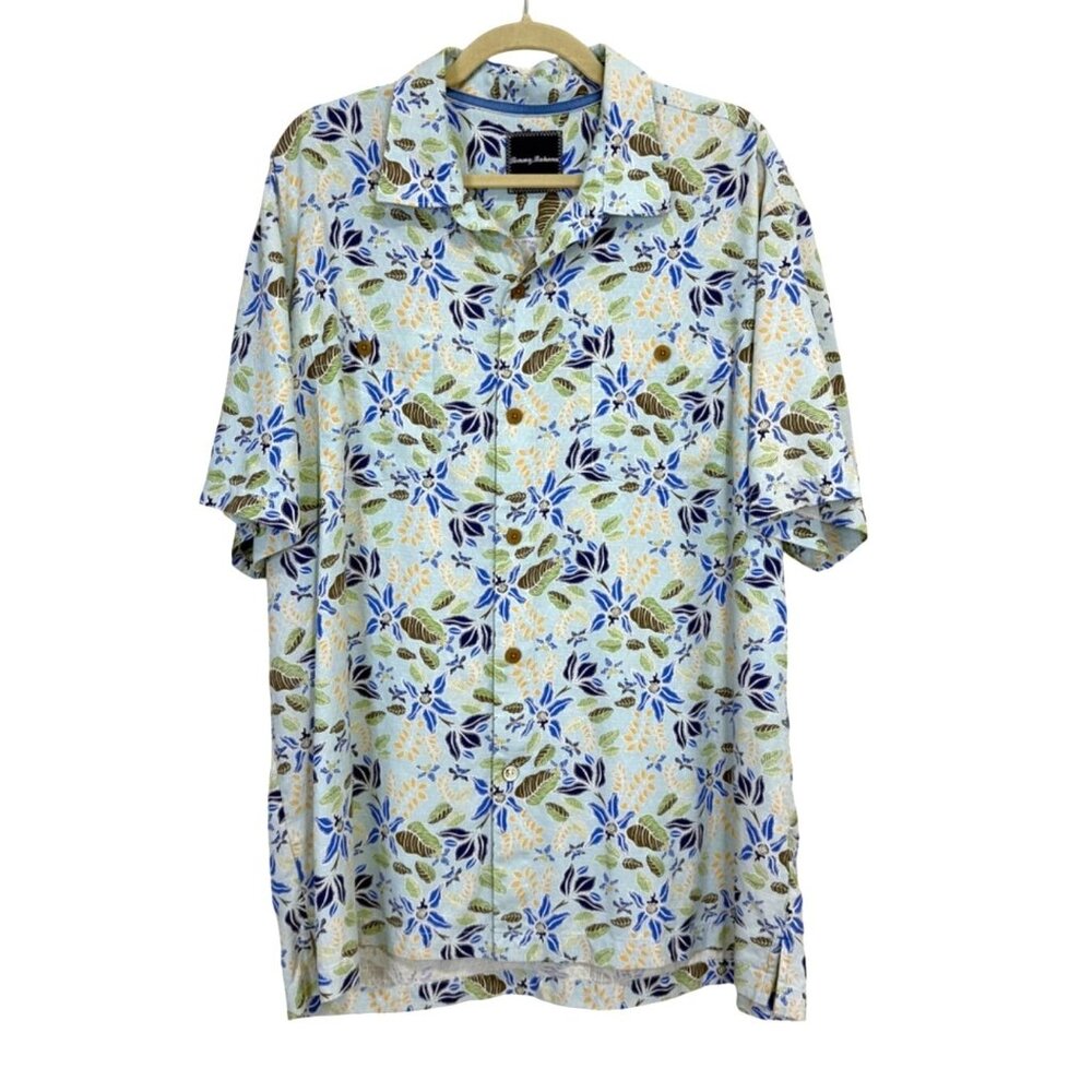 Tommy Bahama Mens XL Silk Tropical Button-Down Short Sleeve Shirt Blue Green